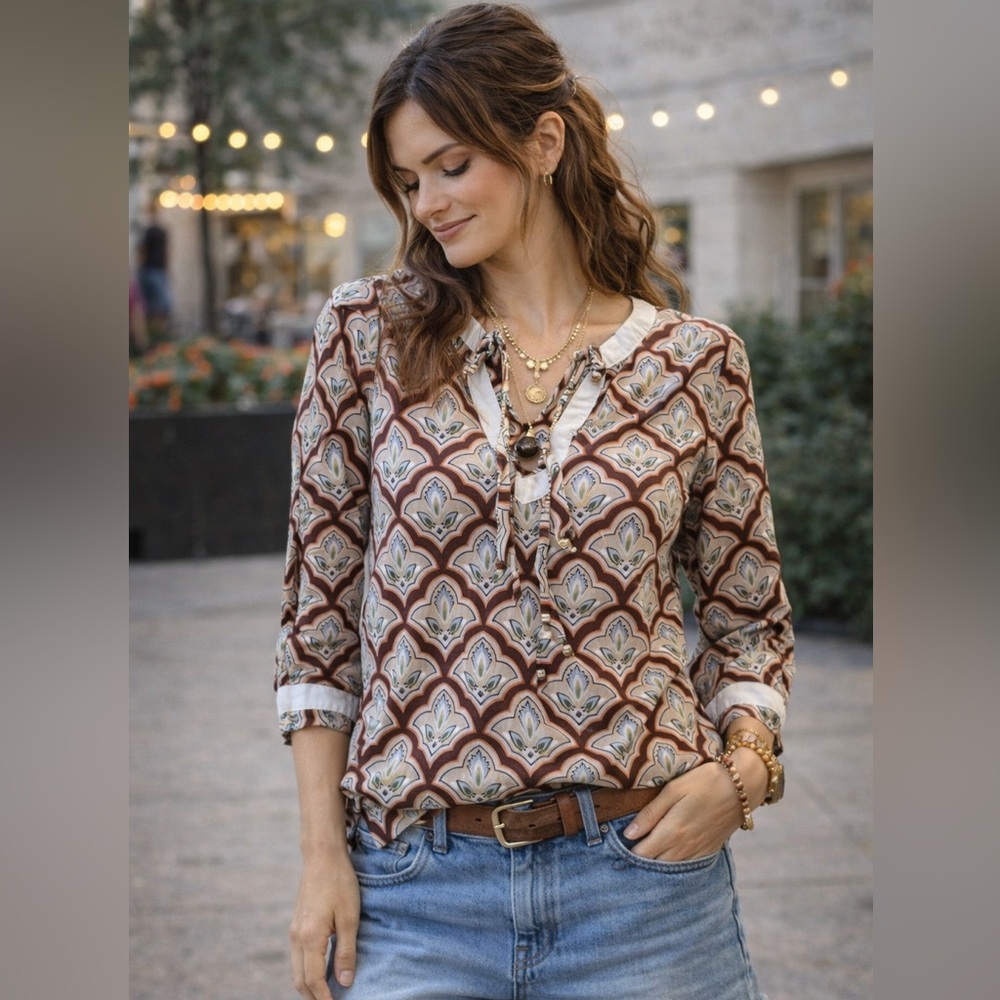 Tommy Hilfiger Women Boho Print Tie Neck Top 3/4 Sleeve XS